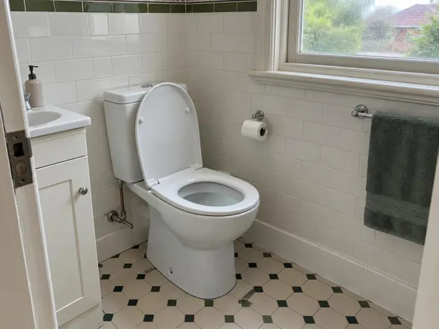 Clean white toilet in a tiled bathroom with window and towel rail in Artarmon