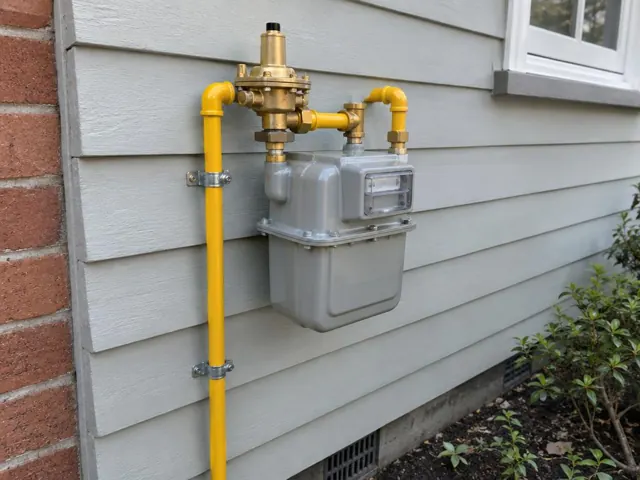 Gas meter and yellow pipework on a grey weatherboard house exterior in Chatswood